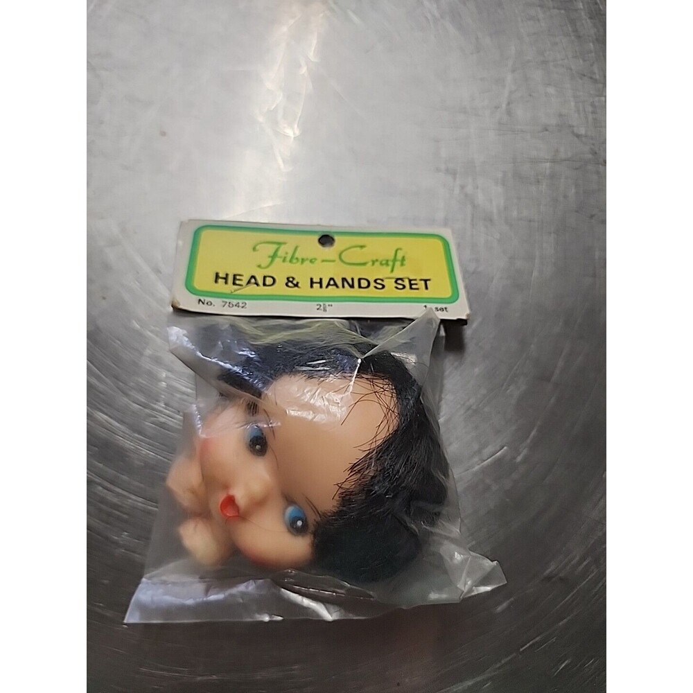 Vintage Fibre Craft Doll Head And Hands 2 1/4" Black Hair No. 7542